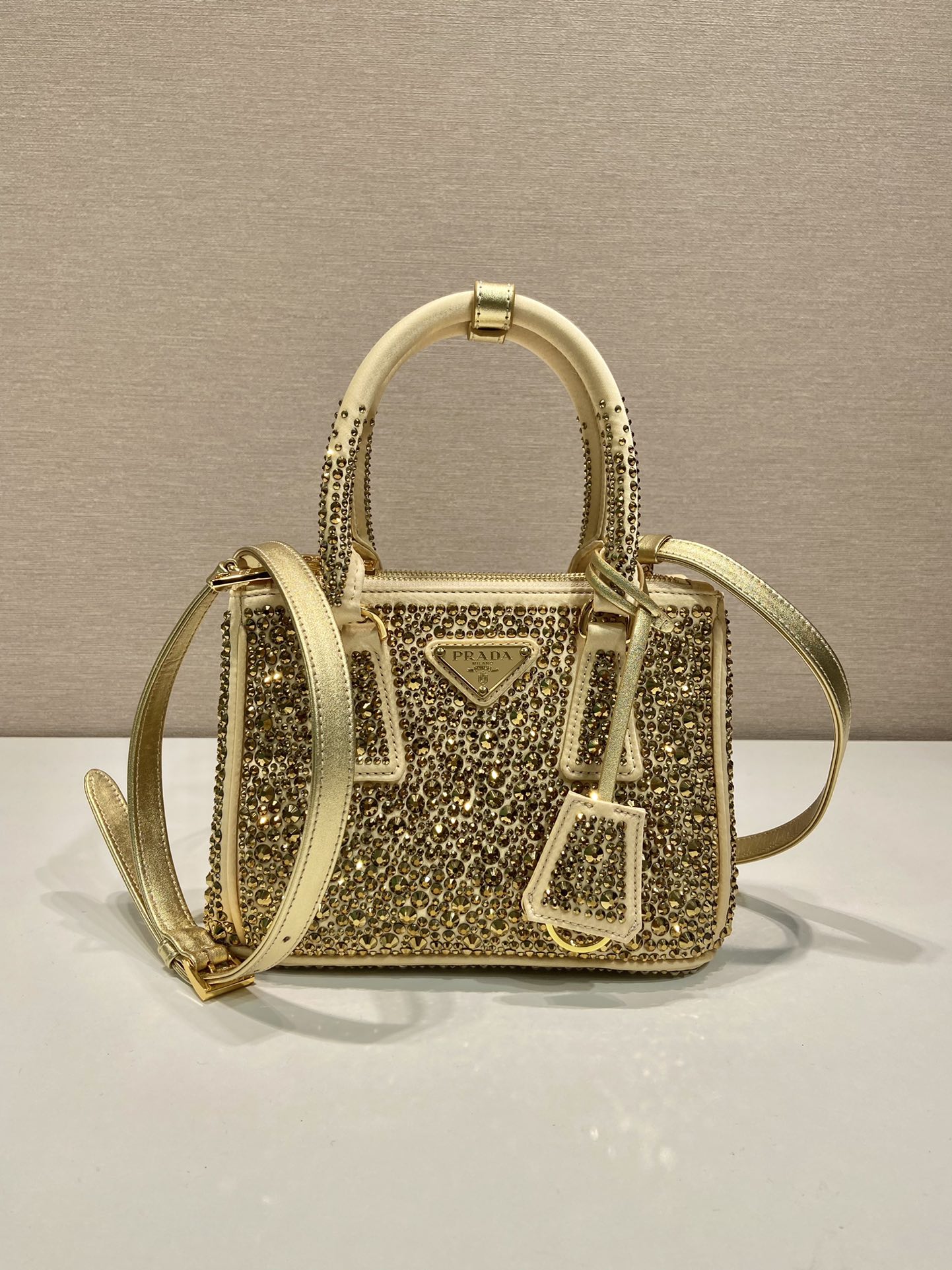 Prada Mini Galleria Saffiano Leather Artificial Diamond Bag Tote Shoulder Bag Gold 1BA906